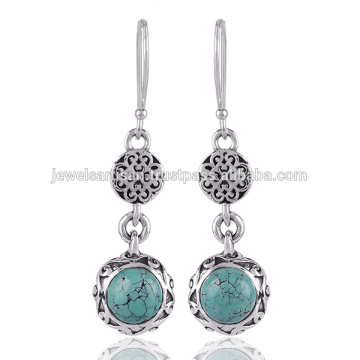 Boucles d&#39;oreilles en argent sterling 925 en pierres précieuses turquoise tibétaine